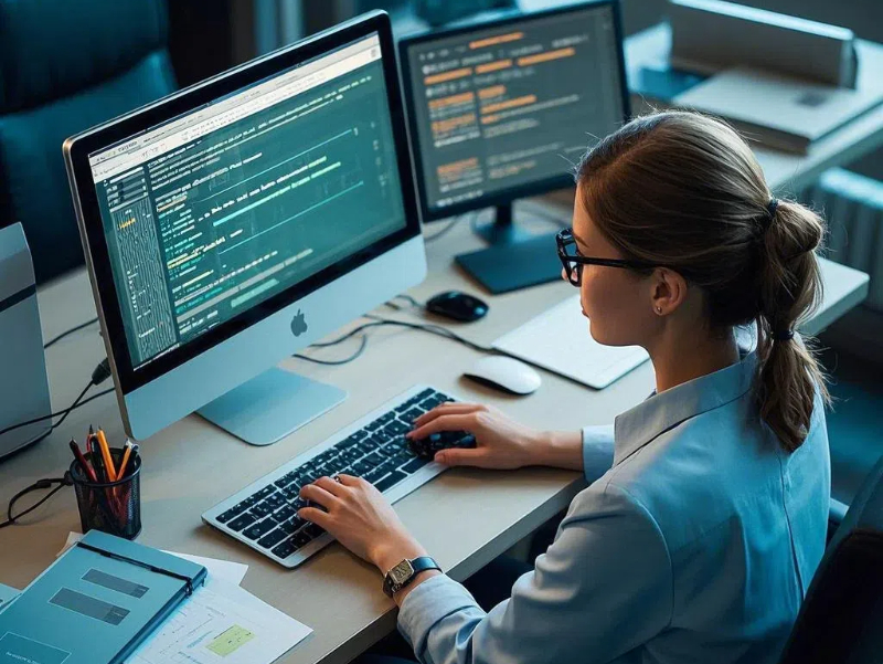 正在電腦旁寫代碼的女程序員 正在電腦旁寫代碼的女程序員